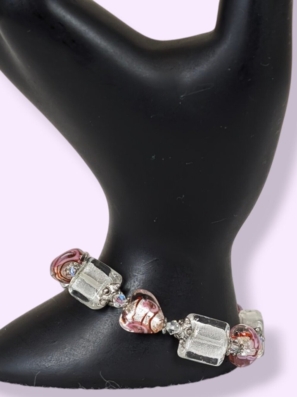 Silver Metallic Art Glass Heart Stretch Bracelet